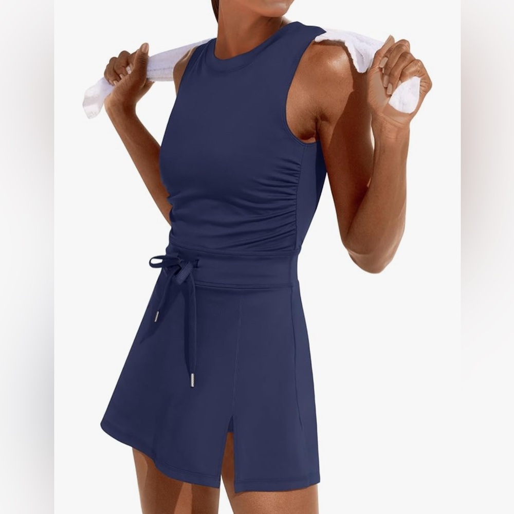 Women’s Tennis Dress Navy Blue Athletic Sleeveless Mini w/ Built-In Shorts L